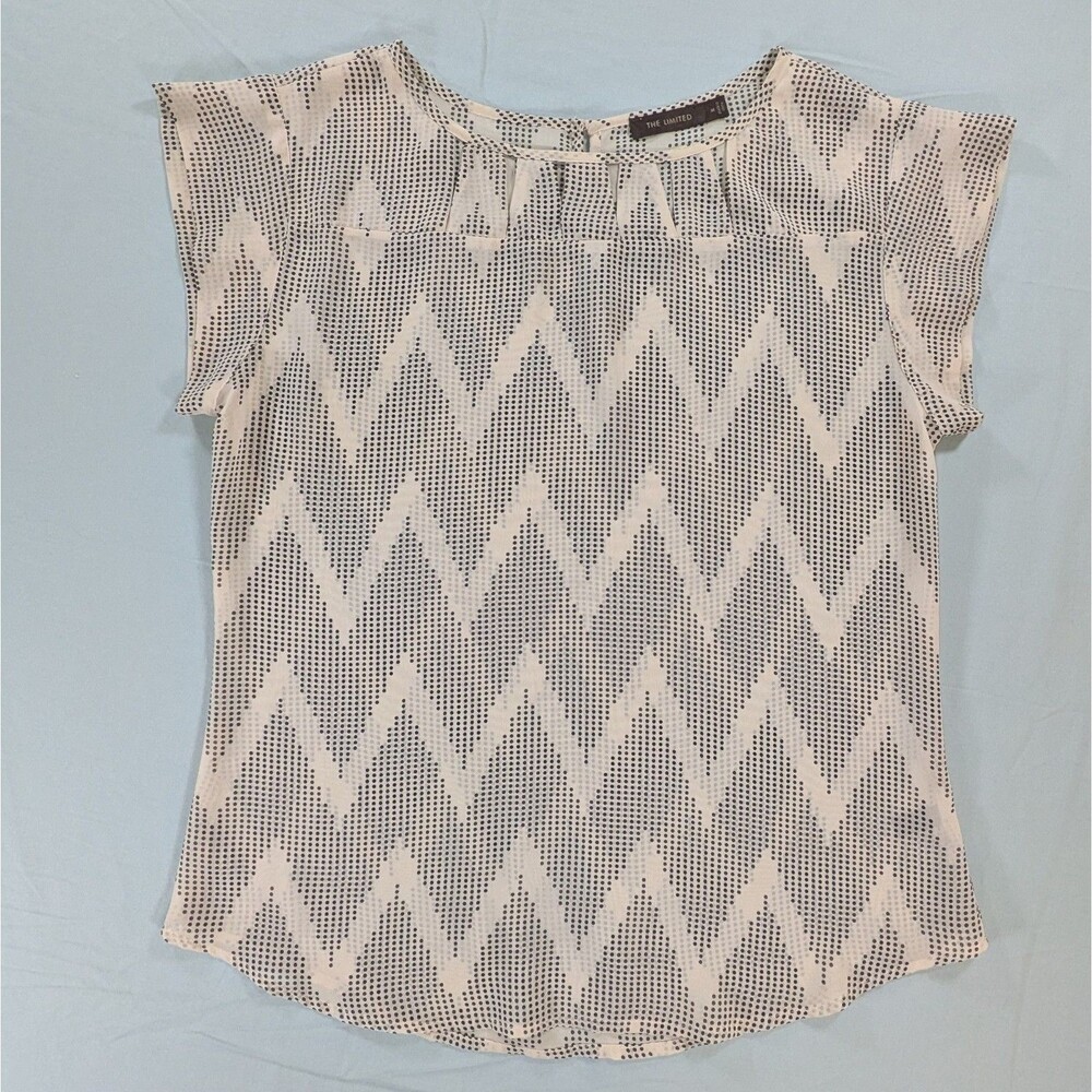 The Limited Blouse Women's Medium Tan Polkadot Chevron Sheer Round Neck